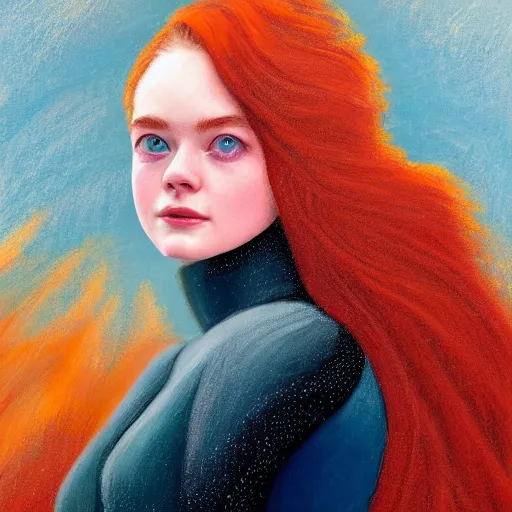 Image similar to professional painting of Elle Fanning on the beach surrounded by bright orange fire in the style of Delphin Enjolras, head and shoulders portrait, symmetrical facial features, smooth, sharp focus, illustration, intricate, stormy weather, extremely detailed masterpiece,