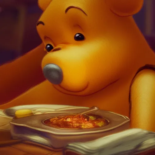 Image similar to winnie the pooh eating lasagne, extreme close up cute dystopian award winning photography, extremely detailed, artstation, 8 k, sensual lighting, incredible art, wlop, artgerm