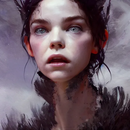 Image similar to alien dark fae girlboss based on jennifer connelly mixed with anya taylor - joy, bumpy mottled skin, big black feathered wings instead of arms, body horror, expressive oil painting, by yoshitaka amano, by greg rutkowski, by jeremy lipkinng, by artgerm, digital art, octane render