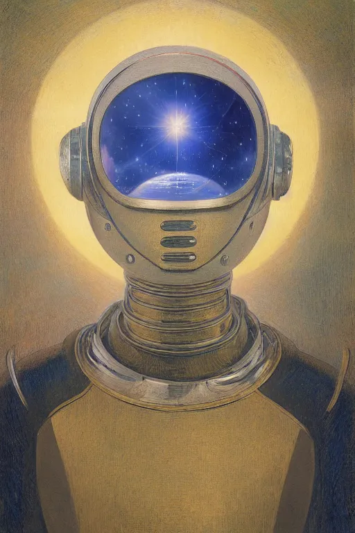 Image similar to portrait of a beautiful chrome gay male robot wearing a space helmet, reflections, mirroring, stars in space, rich clouds, warm azure tones, heavy lensflare, color bleed, film grain, depth of field, jules bastien - lepage, rudolph belarski, johfra bosschart, alexandre cabanel