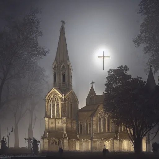 Image similar to victorian church in the middle of the city, dark, misty, at night, 8 k, detailed, concept art, trending on artstation