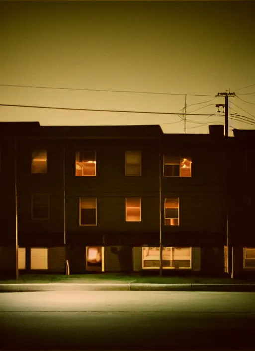 Image similar to a detailed photographic render of a 1 9 5 0 s american suburb at night by todd hido, photoreal, 4 k, mist