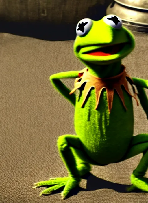 Image similar to kermit the frog in fallout 4, wearing power armor, hq screen shot, octane render, cinematic lighting, sharp detail, 5 k