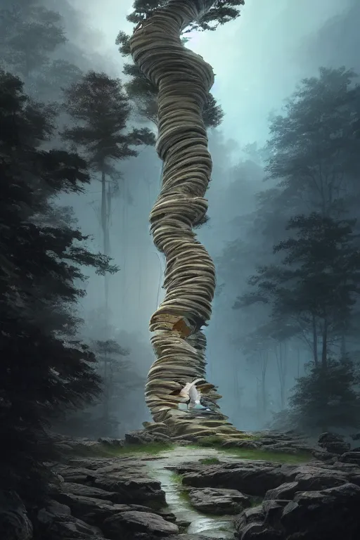 Prompt: a tall rock structure in the shape of a swirling spiral vortex, background of trees, dramatic evening lighting, hyper detailed, digital art, trending on artstation, cinematic lighting, studio quality, smooth render, octane render, art style by ruan jia and greg rutkowski and ian sprigger and wlop and krenz cushart