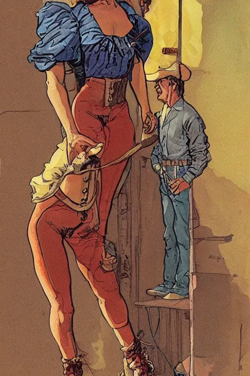 Image similar to maria. Smug old west circus acrobat. concept art by James Gurney and Mœbius.