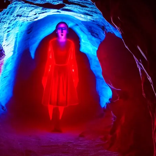 Prompt: style of Henry Peach Robinson and Charlie Bowman, The interior of an cave lit in red, symmetrical detailed woman Stella Maeve who is screaming scared face, symmetrical eyes symmetrical face, blue neon light coming from the back of the cavern, mysterious atmosphere