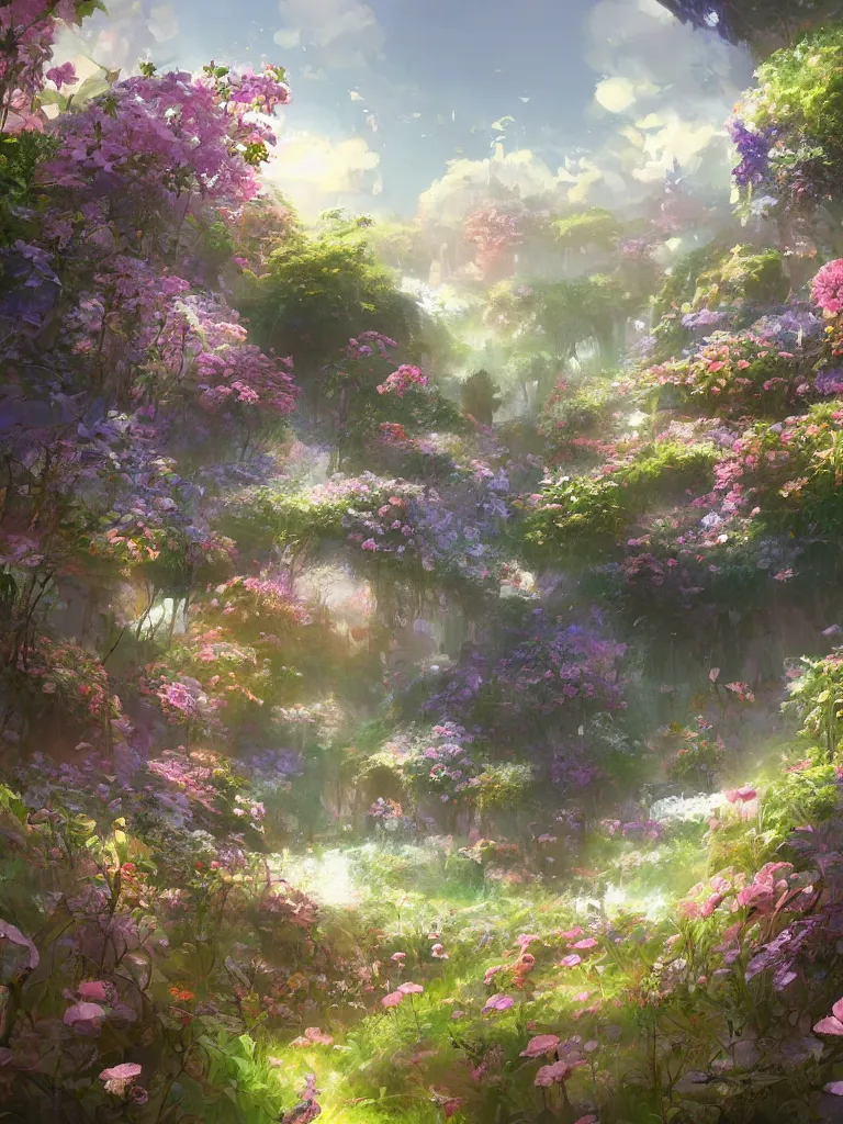 Prompt: a dream flower garden environment where one draws mystical energy into their lives, background art, pristine concept art, small, medium and large design elements, in the style of WLOP and Ross Tran
