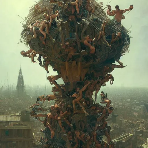 Prompt: hundreds of humans climbing on each other creating incredible surrealistic structures, highly detailed, digital painting, matte, sharp focus, art by wlop, greg rutkowski, alphonse mucha, frank frzetta, boris vallejo, bouguereau, beksinski, cinematic, octane render