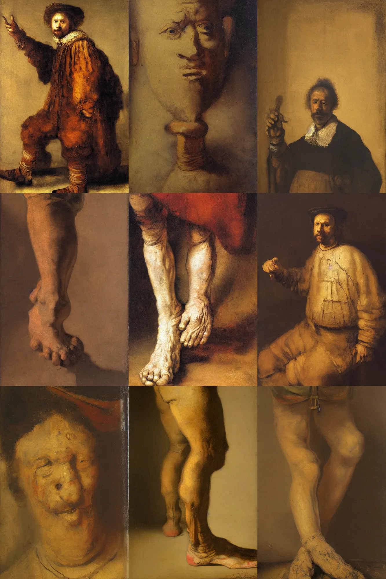Prompt: oil reinassance painting of a man with a foot for a head, painted by rembrandt, charioscuro, 4 k, high quality