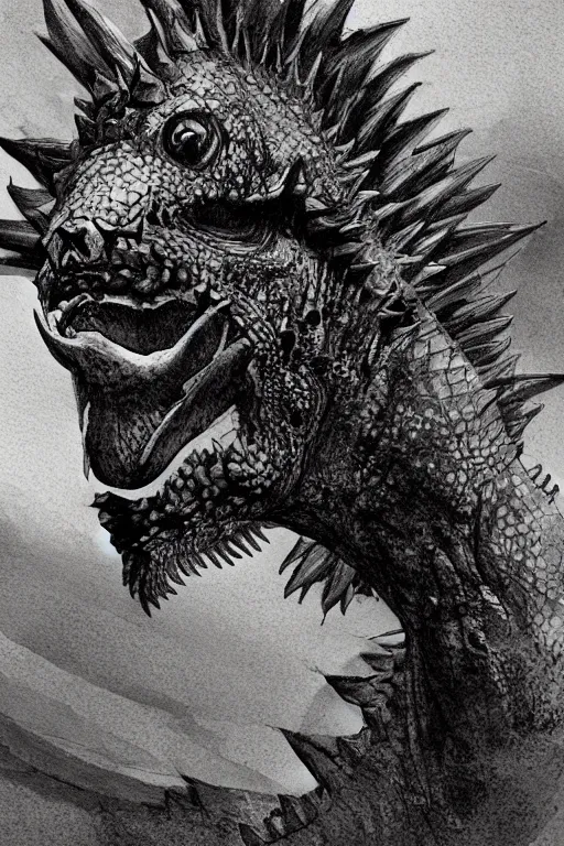 Prompt: the head of Godzilla, kaiju, sea creature, crocodile, sharp teeth, scary look, angry iguana by carlos huante