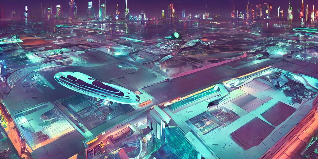 Image similar to a modern luxury spaceship on a landing pad in a busy neon-lit futuristic city