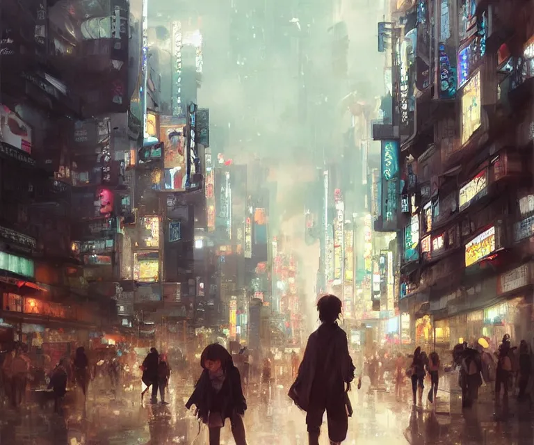 Prompt: walking around shibuya. volumetric lighting, spring early morning, dew, nice weather, realistic illustration, perfectly shaded, soft painting, art by krenz cushart and wenjun lin
