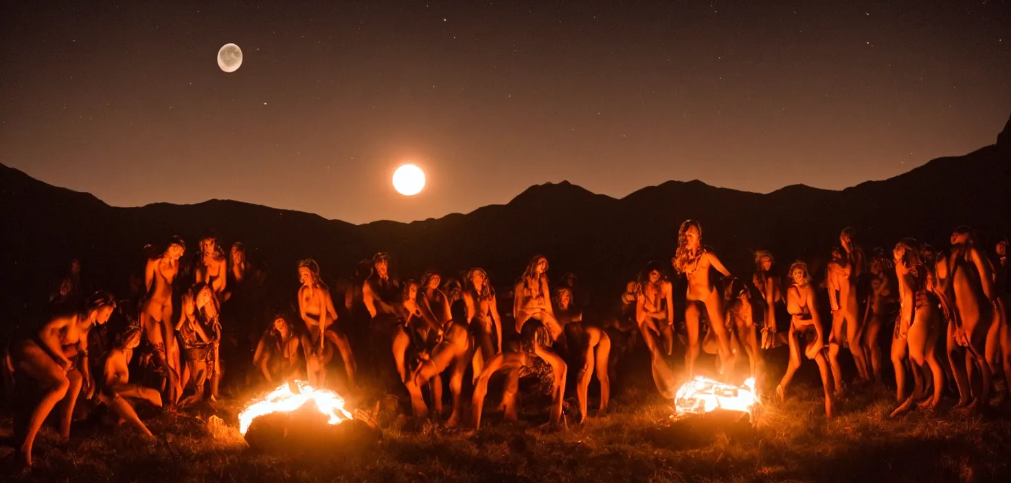 Prompt: a very high resolution historical image. a giant full moon in the mountains while young women writhe in their bonds in the firelight as the satanic ritual continues, 2 4 mm, photorealistic, photography, night directed by wes anderson