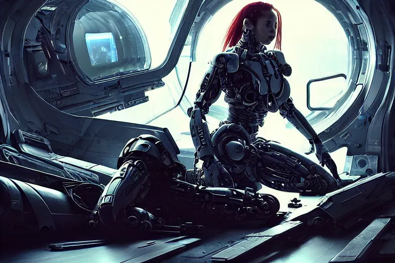 Prompt: Ultra realistic illustration, beautiful alluring damaged combat cyborg sitting on the floor of a smoldering crashed spaceship while being put back together in an super advanced military medical bay, cyberpunk, sci-fi, fantasy, intricate, elegant, highly detailed, digital painting, artstation, concept art, smooth, sharp focus, illustration, art by artgerm and greg rutkowski and alphonse mucha
