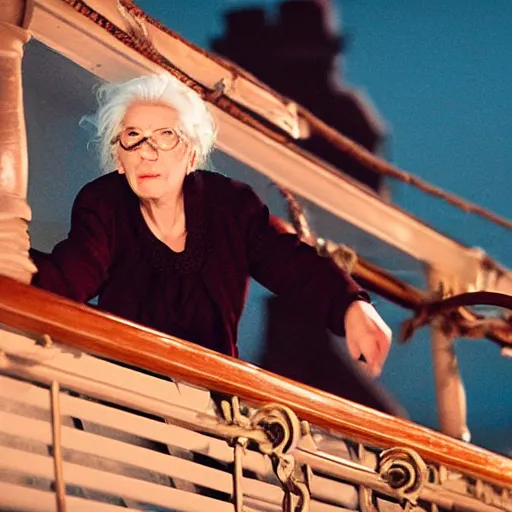 Prompt: old woman from the movie titanic with white hair leaning over the railing of a ship and throwing the jumanji board game overboard at night, scene from titanic movie, film still, medium shot, lit by bright moonlight