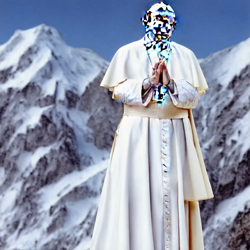 Image similar to pope joseph ratzinger standing on a snowy mountain slope. wearing long white dress. blessing with the hand. detailed cloth, detailed face. concept art. matte painting