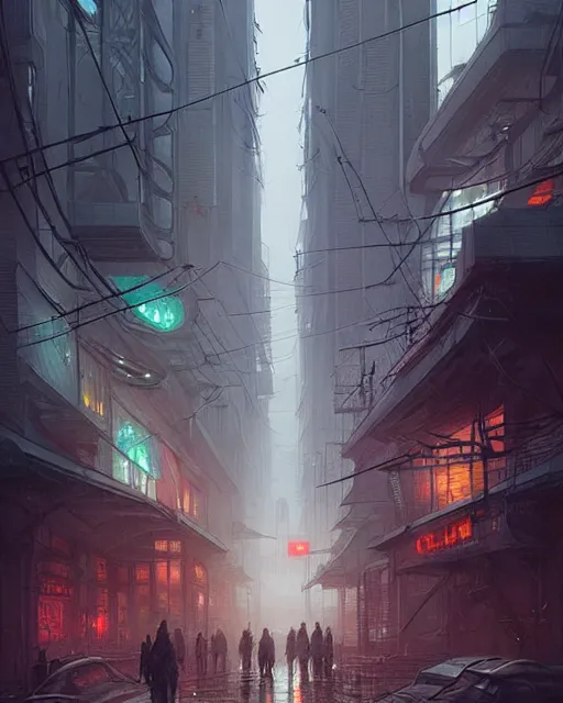 Prompt: professional ominous concept art of a dreary cyberpunk downtown street and black eyeballs by artgerm and greg rutkowski. an intricate, elegant, highly detailed digital painting, concept art, smooth, sharp focus, illustration, in the style of simon stalenhag, wayne barlowe, and igor kieryluk.