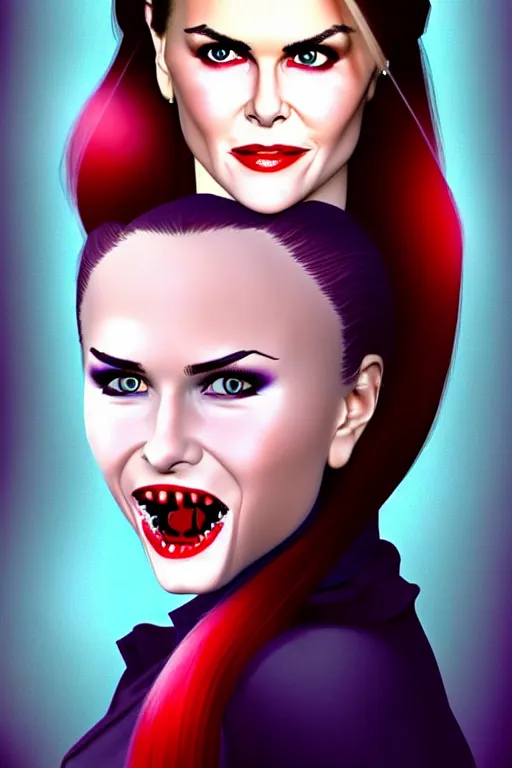 Image similar to mix of beautiful young maria shriver, mariel hemmingway, brooke shields, nicole kidman and elle macpherson as a vampire showing vampire teeth, ready to bite, thin lips, hair tied up in a pony tail, dark blonde hair, colorful, deviantart, artstation, cgsociety