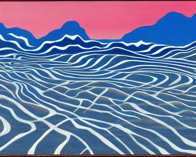 Image similar to A wild, insane, modernist landscape painting. Wild energy patterns rippling in all directions. Curves, organic, zig-zags. Saturated color. Mountains. Clouds. Rushing water. Waves. Sci-fi dream world. Wayne Thiebaud. Lisa Yuskavage landscape.