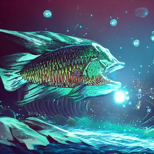 Image similar to concept art from an indie video game about fish that can transform to a disco ball tending on artstation