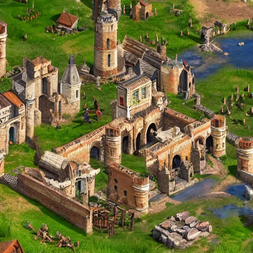 Prompt: photoreal, age of empires two, isometric view of medieval town, 4k, high detail,