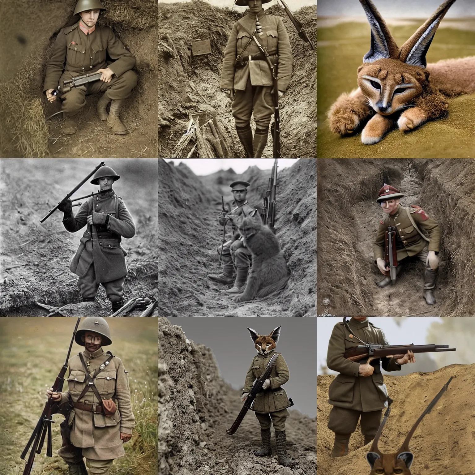 Image similar to cute fluffy caracal in trenches of ww 1, wearing ww 1 hermet, with rifle, old photo, hyperrealistic detailed 8 k