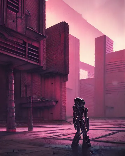 Prompt: hyperrealistic 3d render mecha iridescent pink brutalist city ruins background concept art vray santiago caruso de chirico sharp cinematic moody light 8k low angle shallow depth of field