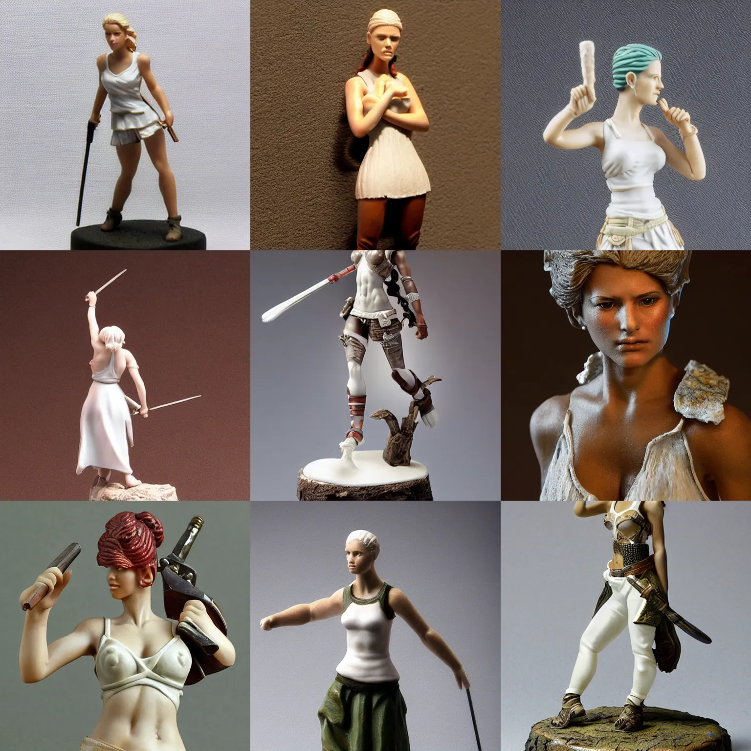 Prompt: A long-shot from front, color studio photograph portrait of 80mm resin model figure of a woman warrior in sleeveless white shirt on the textured base, ambient lighting, 2004 photo from miniature shop website.