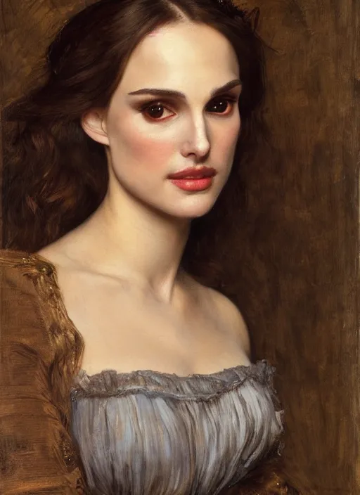 Image similar to a beautiful painting of natalie portman by John Everett Millais and Dante Gabriel Rossetti and John Collier and john william waterhouse, pre-raphaelite, detailed, trending on artstation, hd, masterpiece