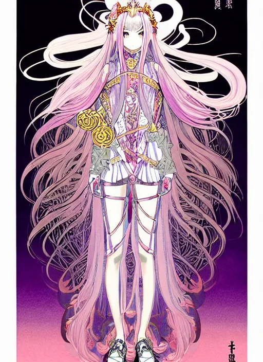 Image similar to highly detailed terada katsuya minaba hideo legend of the cryptids atrstation manga poster of princess mechine, rainbow gradient reflection, long hair, armor, dress, laces, ruffles, 8 k, maximalist, alphonse mucha