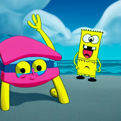 Image similar to close up of bikini bottom and spongebob, cinematographic shot,