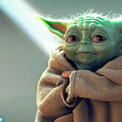 Image similar to a film still of baby yoda's son crying because of his dad's brutal death in star wars realistic, detailed