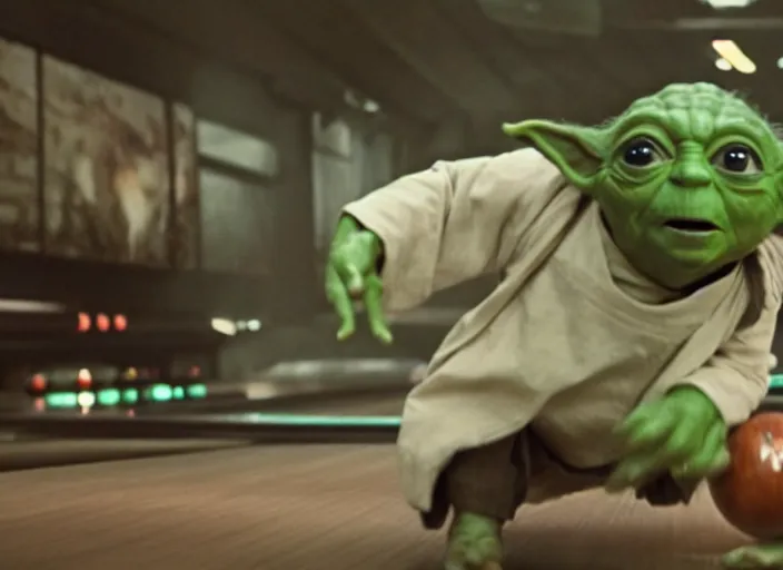 Prompt: film still of yoda uses the force to roll a bowling bowl down a lane in a bowling alley in the new Star Wars movie, 4k