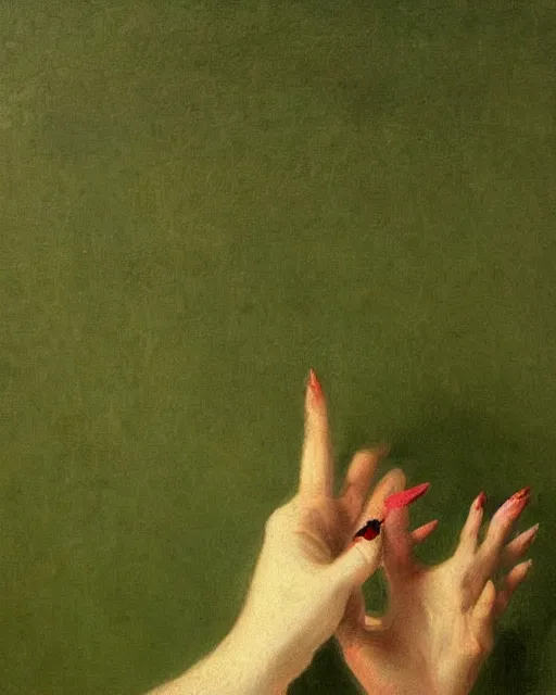 Prompt: by 1 9 th century famous painter, hands, nail polish, realism, realistic, oil painting, green wallpaper background