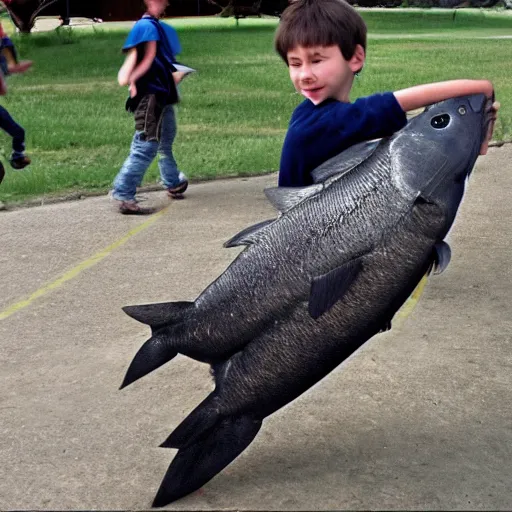 Image similar to boy flying with school of coelacanths