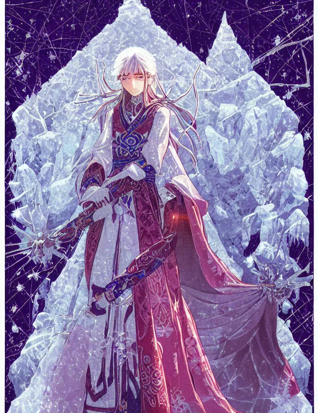 Image similar to priestess of the ice temple. embroidered tapestry by the award - winning mangaka, bloom, chiaroscuro, backlighting, depth of field.