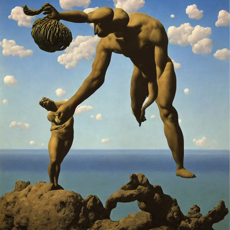 Prompt: A Monumental Public Sculpture of a 'Triumphant Hercules made of Sea Anemone' on a pedestal by the lake, surreal oil painting by Rene Magritte and Maxfield Parrish and Max Ernst shocking detail hyperrealistic!! Cinematic lighting