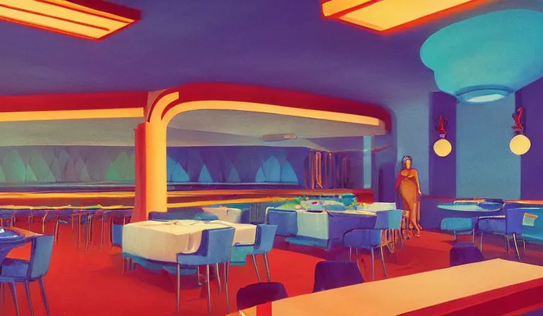 Image similar to a beautiful, sharp focus, clean lines. the interior of an art deco undersea restaurant. vaporwave ombre rendering. outrun style. fish. neon backlit jellyfish. trending on artstation. recommended for you behance. by chris moore. by edward hopper. ambient occlusion. digital matte painting. metropolis filmic. gotham city.