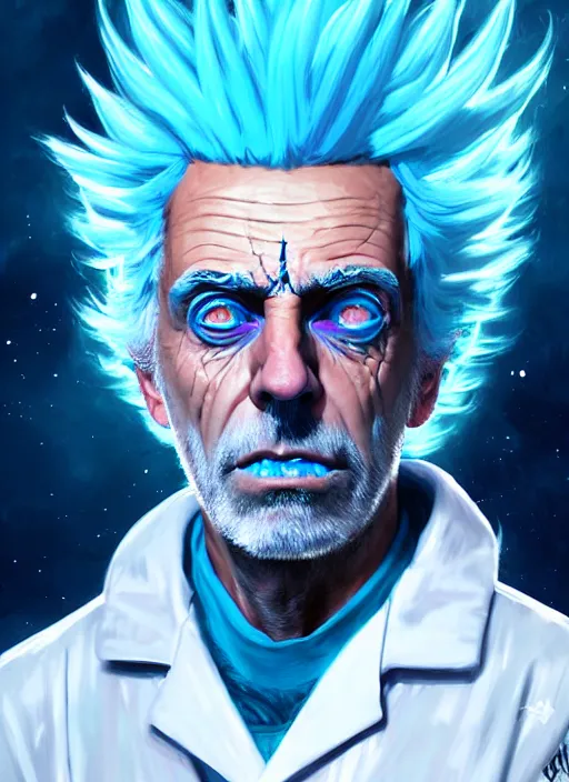 Prompt: rick sanchez portrait wearing a white lab coat with blue hair. highly detailed. psychedelic digital painting. smooth. alien planet background. art by greg rutkowski