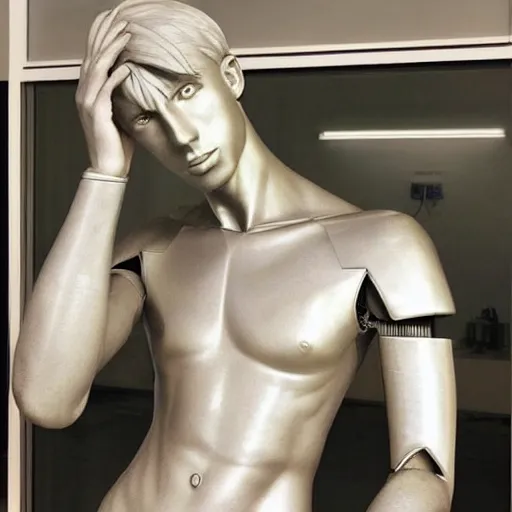 Image similar to “a realistic detailed photo of a guy who is an attractive humanoid who is half robot and half humanoid, who is a male android, twitch streamer and youtuber Ludwig Ahgren, shiny skin, posing like a statue, blank stare”