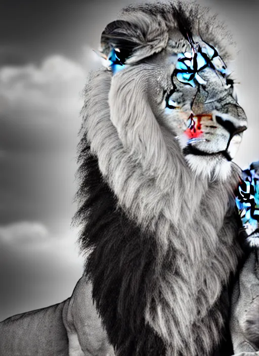 Image similar to lion and lioness black and white portrait white sky in background