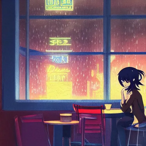Prompt: beautiful anime painting of a woman with dark - blue hair sitting in a cafe next to a window on a rainy night, outside are neon lights from a dense city, by makoto shinkai, kimi no na wa, artstation, atmospheric, high detail