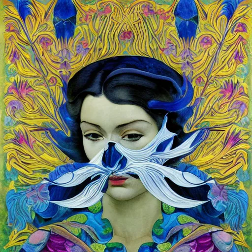 Image similar to a masterpiece painting of a facemask made of stylized flowers, by evelyn de morgan and diego rivera and john watkiss and annie swynnerton, art deco shaman, art brut, symbolist, dramatic cinematic lighting, god rays, iridescent beetles, clean crisp graphics, smooth sharp focus, extremely detailed