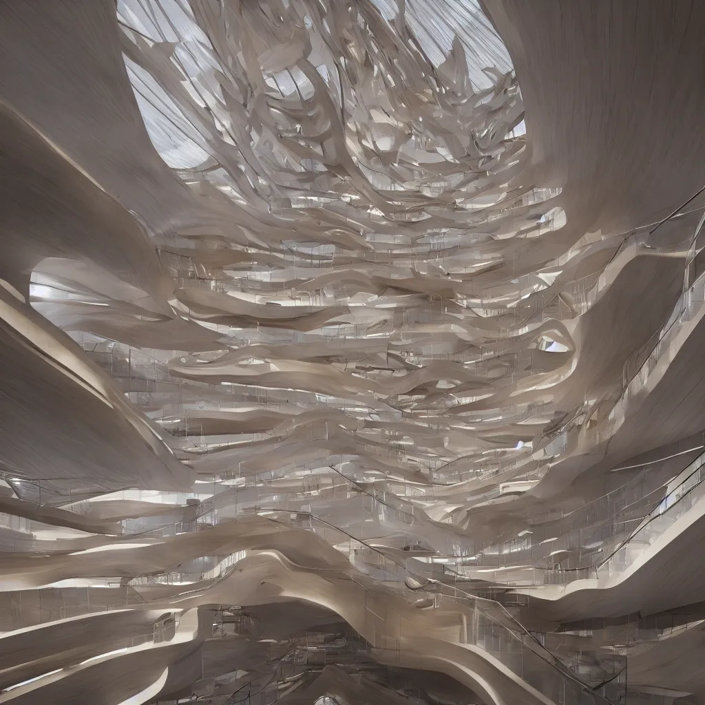 Prompt: a wooden and marble monumental stair tower of light climbing up, designed by zaha hadid, highly detailed, 4 k, unreal engine, volumetric lightning, mist, golden goddess athena