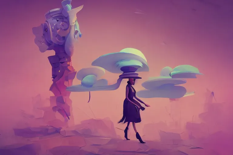 Prompt: a woman walking down a runway with a large cloudy hat on her head, a surrealist sculpture by anton fadeev, trending on behance, afrofuturism, made of feathers, whimsical, steampunk