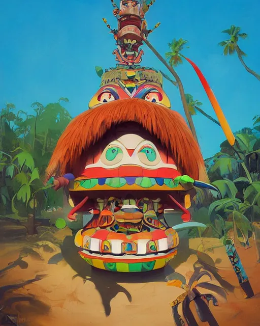 Image similar to a painting of a tribal tiki hut with a totem pole by its side, a surrealist painting by Takashi Murakami and by Naoto Hattori, Edward Hopper and James Gilleard, Zdzislaw Beksinsk, by Jesper Ejsing, by RHADS, Makoto Shinkai and Lois van baarle, trending on deviantart, pop surrealism, lowbrow, grotesque, whimsical