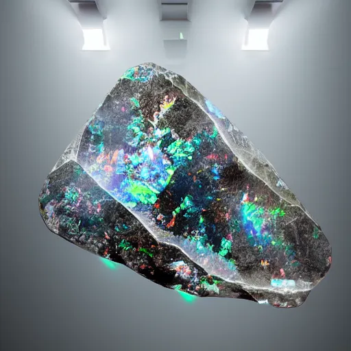 Prompt: a giant gemstone mineral in a dark blank room with Opal gemstone, professional digital matte painting.