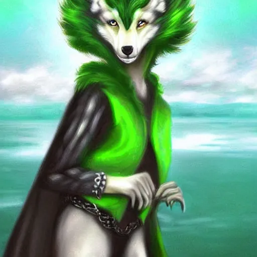 Image similar to Beautiful digital painting, oil painting, anthro anthropomorphic pastel-green androgynous wolf, Punk outfit. lake