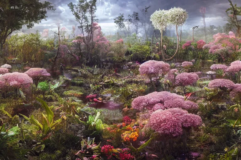 Image similar to hyperrealism, scene from starship, louisiana swamps, orange blooming flowers garden, true detective, 8 k, 8 0 s japanese sci - fi books art