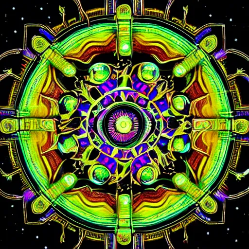 Prompt: cyberpunk neon colored blackhole mandala eye art, galaxy lineart, symmetrical mandala art